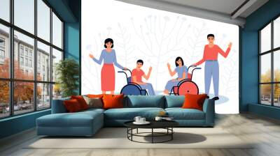 Parents with children with disabilities. Boy and girl in a wheelchair. The concept of an accessible environment for people with disabilities. Flat vector illustration.
 Wall mural