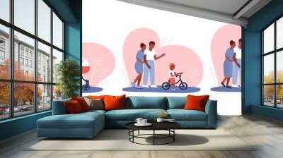 Set of African Americans happy parents are watching how their baby is growing. The kid rides in a stroller, on a balance bike and a bicycle. Flat vector cartoon illustration.
 Wall mural