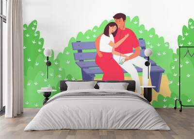 Young couple listens to music on the phone with headphones. A couple sits in an embrace on a bench in a blooming park. A romantic relationship between a man and a woman. Flat vector illustration. Wall mural