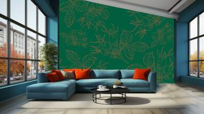 seamless pattern of floral ornaments, the contours of rose hips on a green background Wall mural