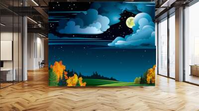 Autumn night with full moon and  trees on a cloudy sky Wall mural