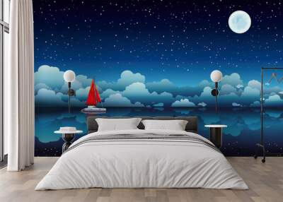 Sailing boat in a sea and night sky Wall mural