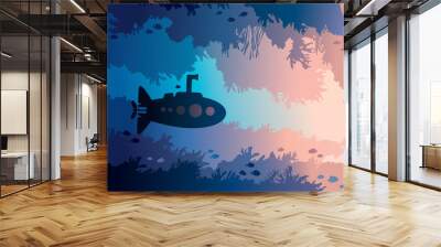 Submarine, underwater cave, coral reef, sea. Wall mural