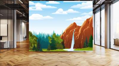 summer landscape with waterfall, forest and clouds Wall mural