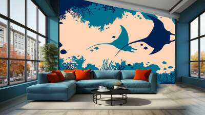 Underwater nature - stingray, fish, coral cave, sea. Wall mural