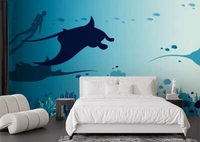 Underwater panorama - mantas, freediver, coral reef, fish, sea Wall mural