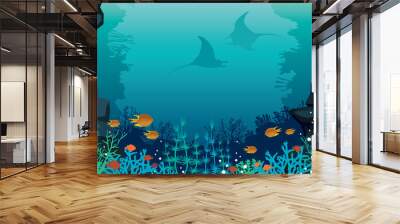 underwater sea - fish, stingray, coral reef. Wall mural