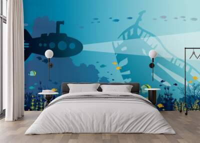 Underwater wildlife - coral reef, fish, submarine, sunken ship. Wall mural