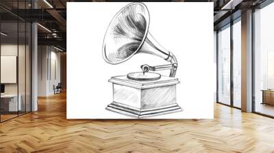 Hand-drawn vintage gramophone. Wall mural