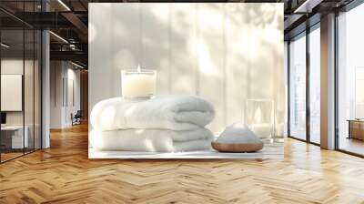 Spa background towel bathroom white luxury concept massage candle bath. Bathroom white wellness spa background towel relax aromatherapy flower accessory zen therapy aroma beauty setting table salt oil Wall mural