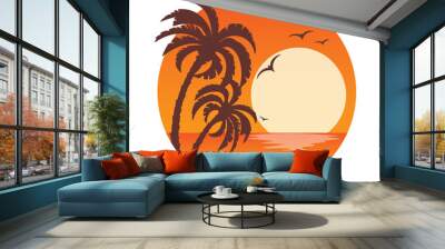 Tropical landscape with palm trees silhouettes on an orange background with a circle .Sunset. Icons, logos, or labels. Wall mural