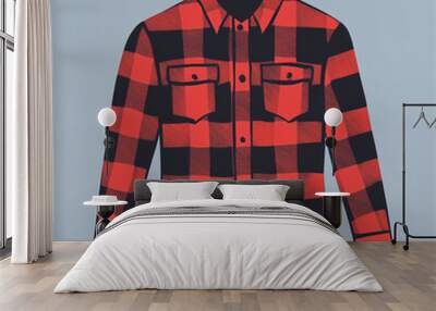 Close-up of red and black plaid flannel shirt with buttons. Wall mural