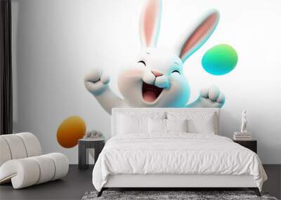 Happy jumping cartoon bunny isolated on transparent background. World smile day. PNG Wall mural