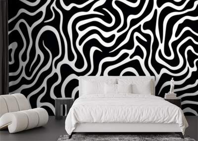 Wavy and swirled brush strokes background. Bold curved lines and squiggles ornament. Horizontal banner with doodle bold lines. Black and white wallpaper. Vector illustration Wall mural