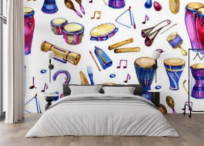 seamless pattern with drums in watercolor style on white background. percussion musical instruments. Wall mural