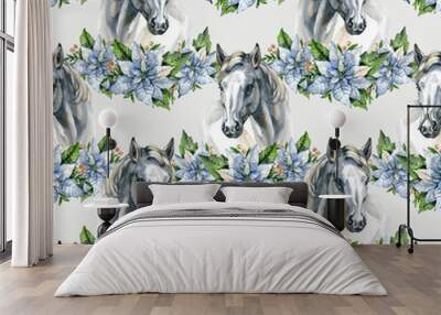 Seamless pattern with portraits of white horses and flowers. Hand drawn watercolor. Wall mural