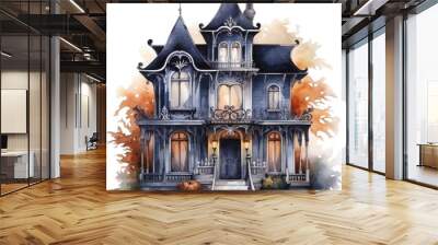 Watercolor black victorian house with pimkins halloween decor. Dark illustration Wall mural