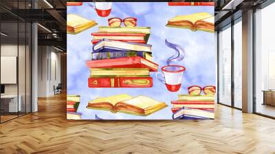 Watercolor books seamless pattern illustration. Hand painted stack of books isolated on white background. Wall mural