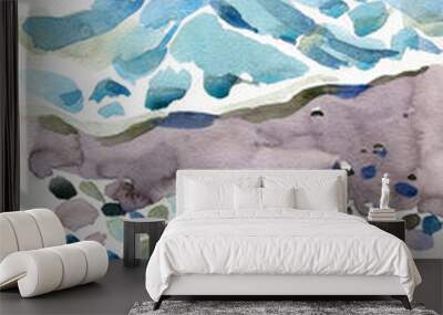 Watercolor seascape with background for text. Scenic beautiful morning surf on the rocky shore under cloudy heaven Wall mural