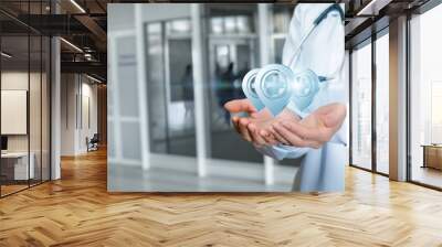 Doctor shows in his hands the locations of medical institutions. Wall mural