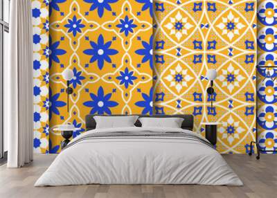 Set of 4 seamless patterns in the style of Portuguese tiles made in bright blue and yellow colors Wall mural