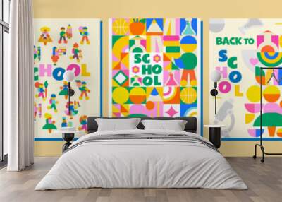 Set of 5 Back to School Templates. Modern, bright with a variety of school supplies and children who are in a hurry to learn. For announcements, advertisements, invitations, posters and much more Wall mural