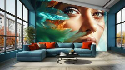  photography of beautiful woman and the spectacular colourful nature,withl big green eyes Wall mural