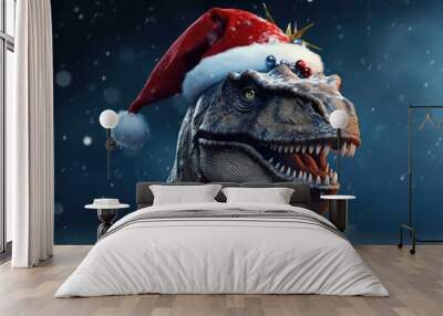  T-Rex wearing a Santa hat in a whimsical winter scene. Generative AI. Wall mural