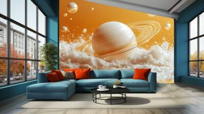 3d abstract beige futuristic backgroun3d with levitating golden balls clean style modern minimal concept with levitating objects flying sphere with golden ring saturn metaphor Wall mural