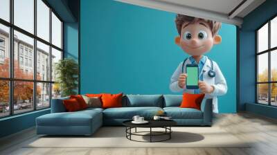 3d animation human doctor cartoon character with stethoscope holds smart phone with blank green screen isolate3d on blue background Wall mural