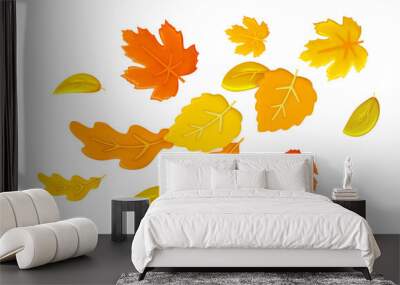 3d autumn leaves, abstract nature composition. Creative maple leaf foliage, floral fall. Orange and yellow plants flying. Render glossy isolated elements. Vector digital neoteric illustration Wall mural