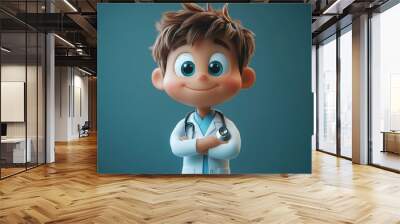 3D render of a doctor cartoon character in a white coat with a stethoscope for a professional medical presentation. Wall mural