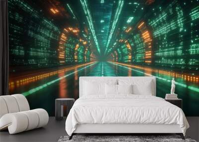 3D render of abstract blurry neon background with glowing green lines in the dark Wall mural