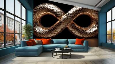 3D render of an abstract twisted infinity symbol with shiny metallic dragon scales texture and golden snake clip art isolated on a black background. Wall mural