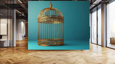 3D render of an abstract white cloud cage inside a golden cage isolated on a blue background. Wall mural