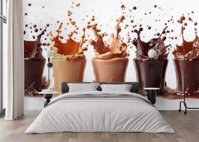 3D render of assorted chocolate and coffee splashes. Abstract brown drink clip art set isolated on white background. Wall mural