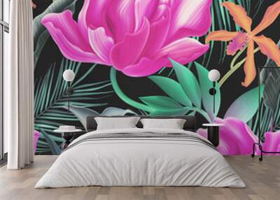 Seamless tropical flower, plant and leaf pattern background Wall mural