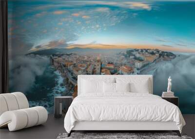 A 360 degree panoramic view of a city and ocean. Generative AI. Wall mural