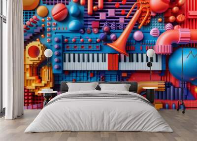 A 3D pixel art rendering of a musical theme, with abstract notes and instruments in bright colors, Wall mural