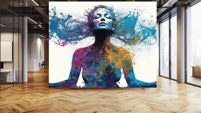 A beautiful face portrait of a powerful yogi woman in meditation with blue skin who is a goddess of the world with expression of freedom a colorful picture painted with paints on the white background Wall mural