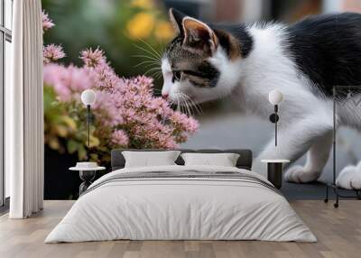 A black and white cat sniffing pink flowers outdoors, focusing on the blooms. Wall mural