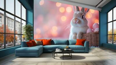 A bunny figurine with a basket of eggs, isolated on a pastel surface, Wall mural