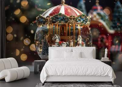 a carousel inside of a snow globe, festive collectible, exquisite glass ornament, studio photography, sparkly dark background Wall mural