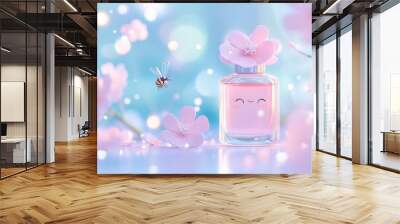 A charming, cartoonish perfume bottle shaped like a flower, surrounded by soft pink blossoms and a buzzing bee Wall mural