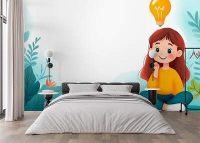 A charming cartoon-style child sitting cross-legged, thinking deeply with a lightbulb above their head Wall mural