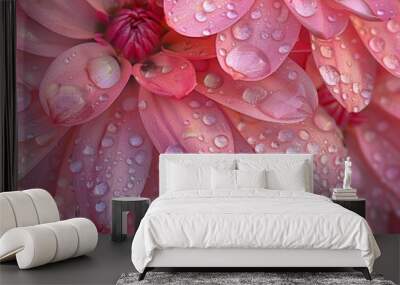 A closeup of water droplets on the petal and petals of pink chrysanthemum flowers Wall mural