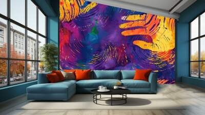 A colorful abstract design with handprints and swirls. AI. Wall mural