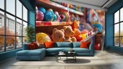 A colorful carnival game booth displaying various plush toys and inflatable balls arranged on shelves. Wall mural