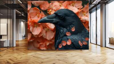 A conceptual crow made from petals, challenging traditional views of animals, Wall mural