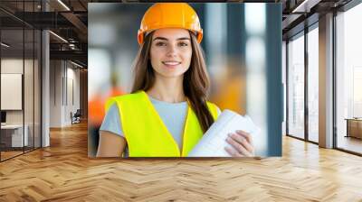 A confident female construction worker stands with blueprints at a construction site Wall mural